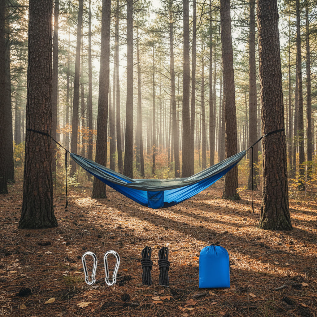Blue and gray hammock with accessories