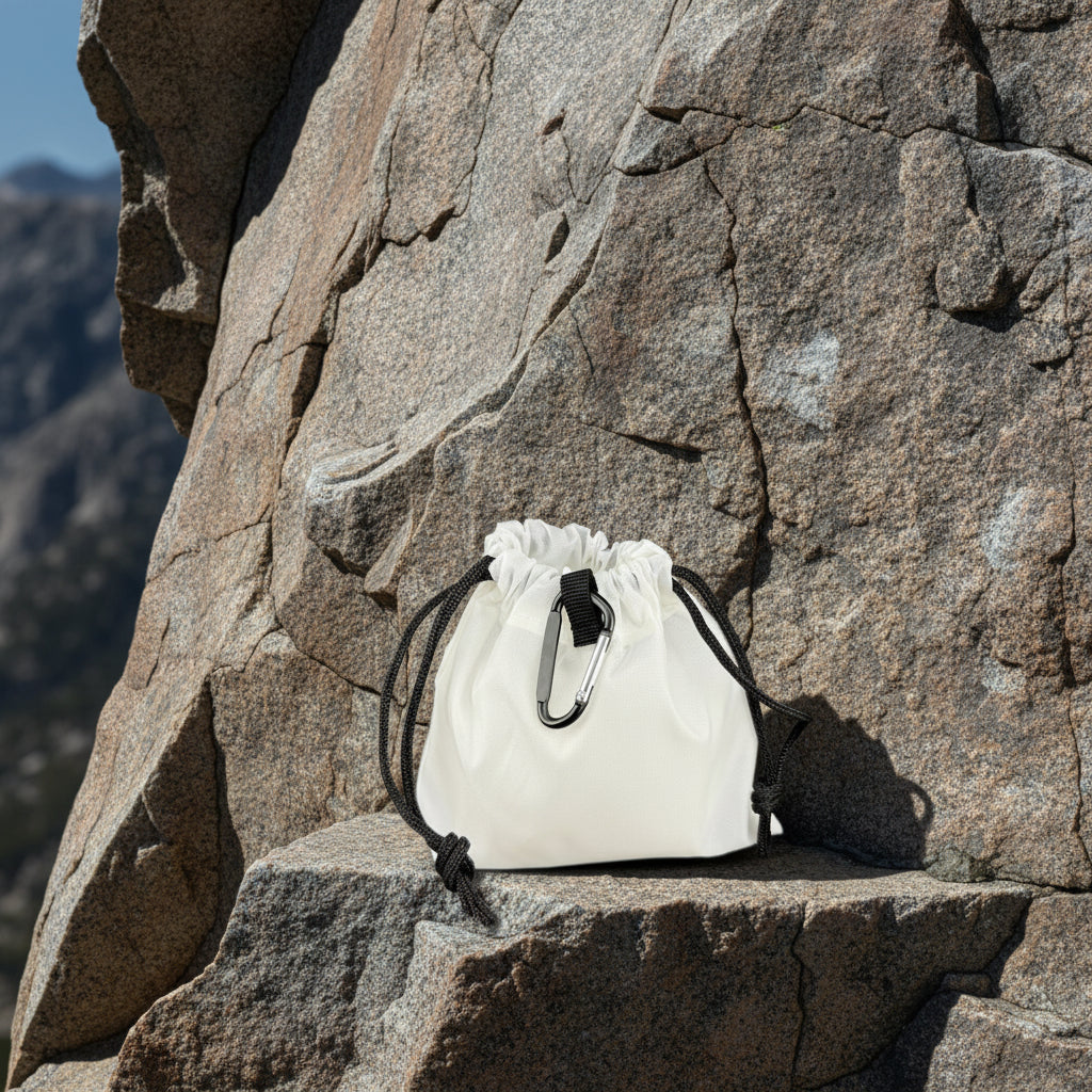 White drawstring bag with a carabiner