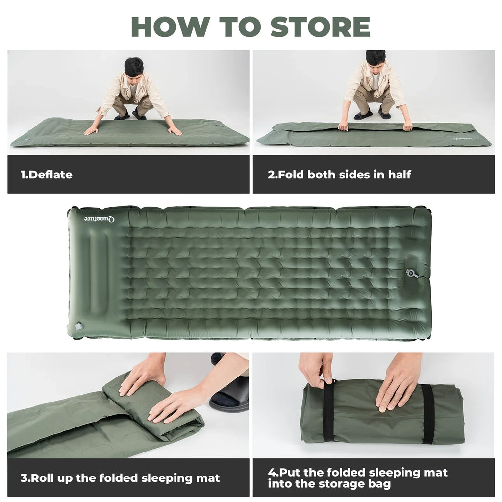 Instructions on how to store a green camping sleeping mat with text overlay - offered by the best outdoor gear store and hiking guide service in New York, The Adirondack Tool Co.