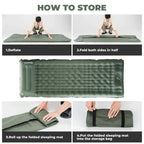 Instructions on how to store a green camping sleeping mat with text overlay - offered by the best outdoor gear store and hiking guide service in New York, The Adirondack Tool Co.