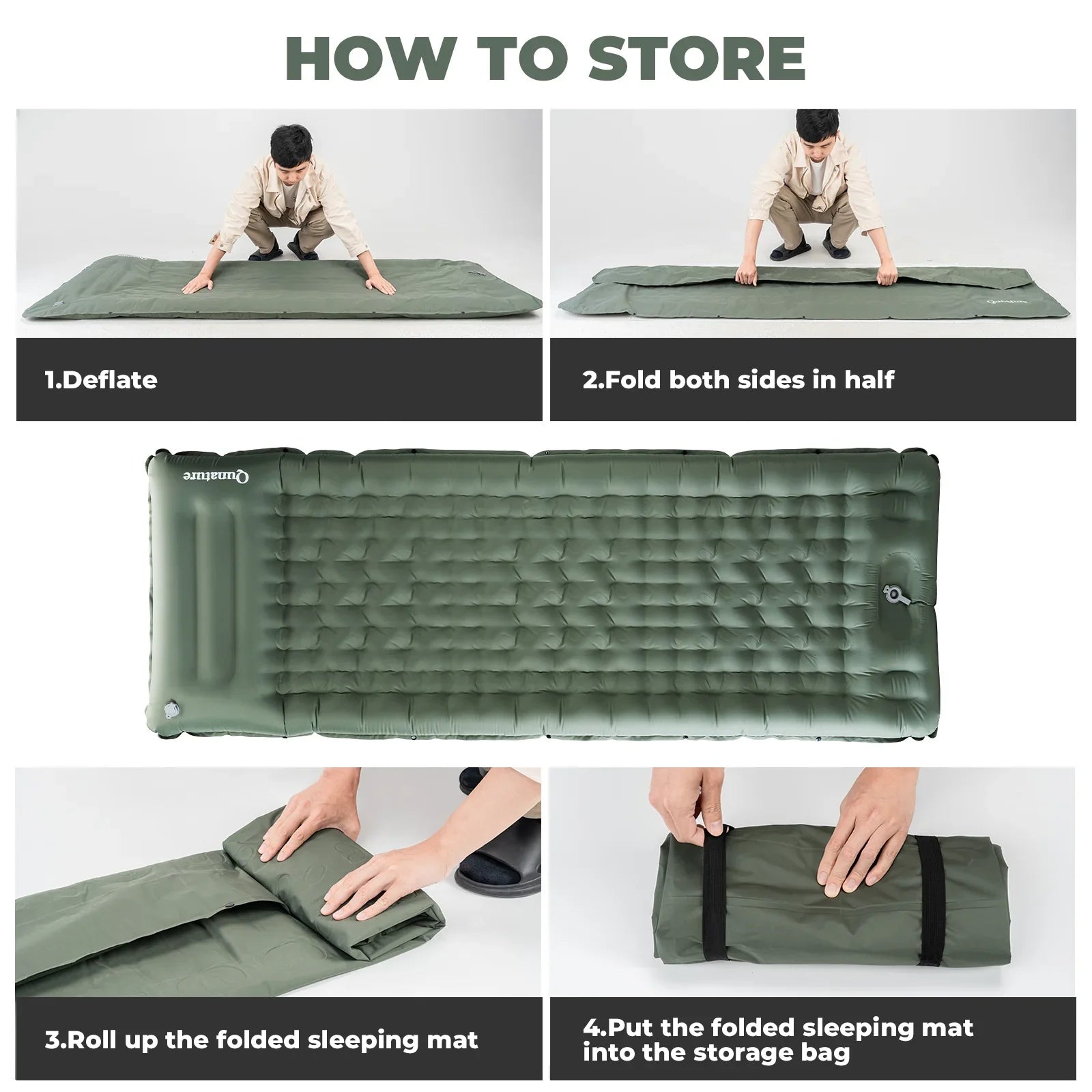 Instructions on how to store a green camping sleeping mat with text overlay - offered by the best outdoor gear store and hiking guide service in New York, The Adirondack Tool Co.