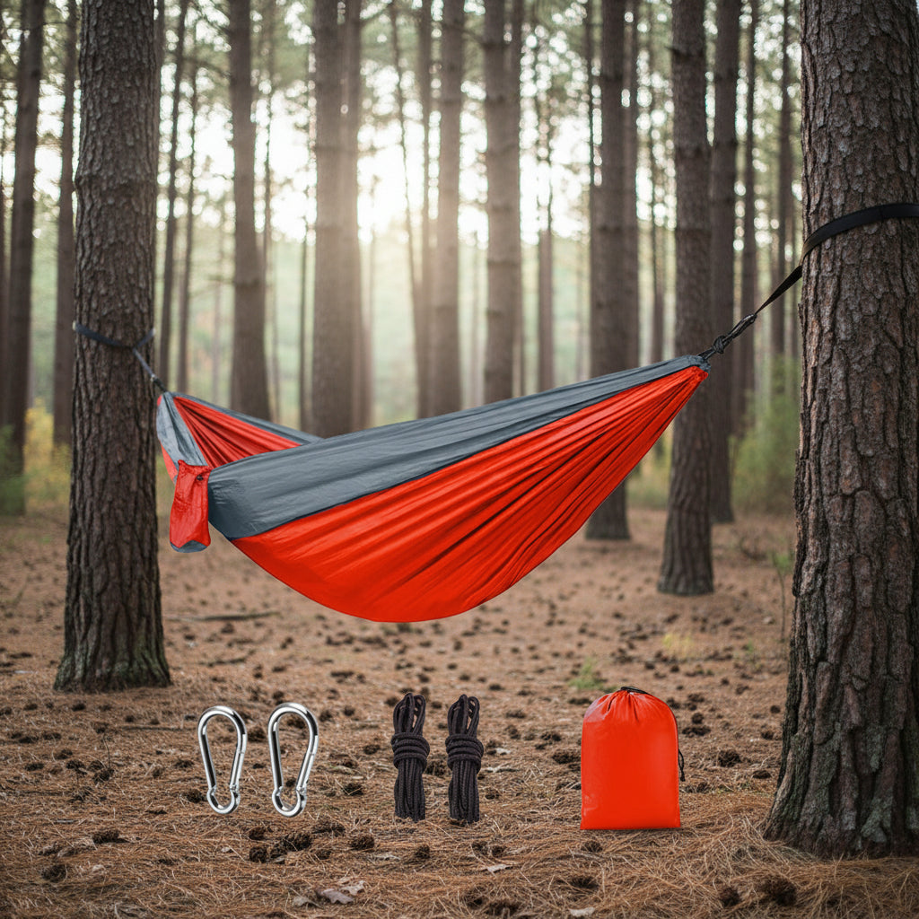 Red and gray hammock with accessories