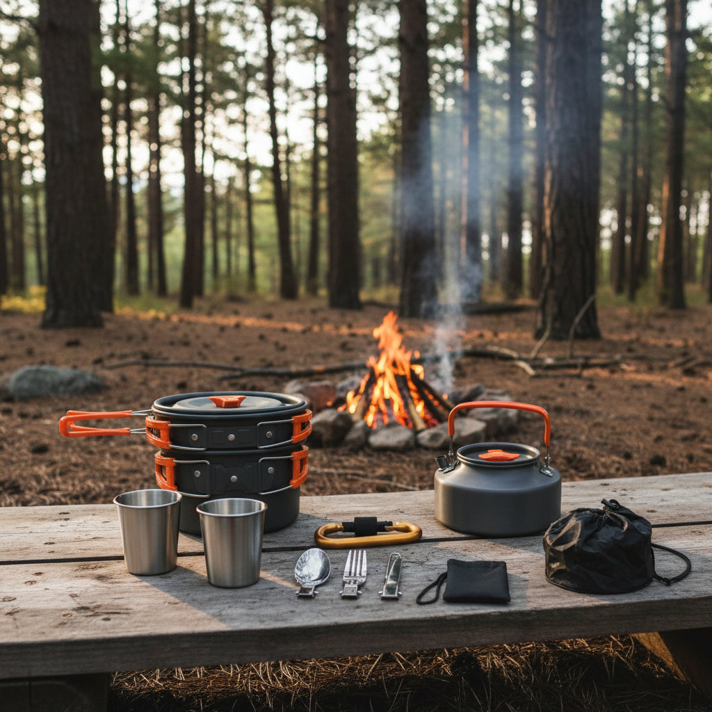 Collection of camping cookware and utensils including pots, cups, and cutlery