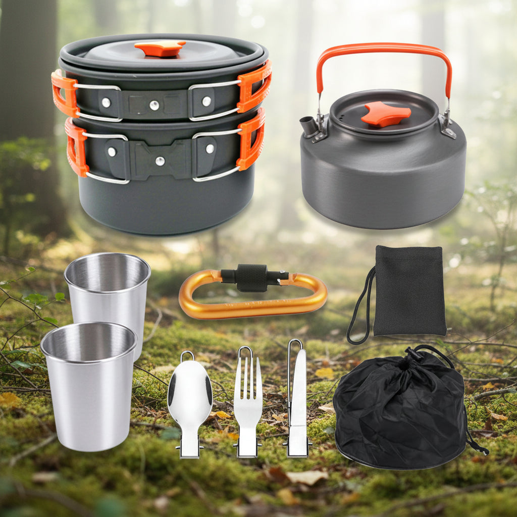 Collection of camping cookware and utensils including pots, cups, and cutlery