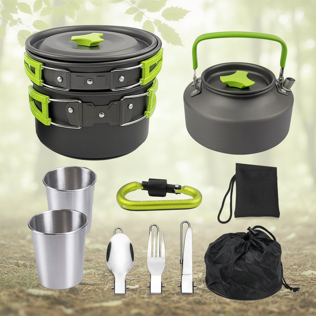Collection of camping cookware and utensils including pots, kettles, cups, and cutlery