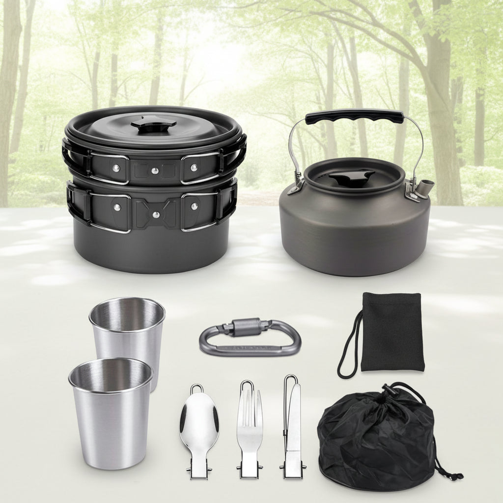 Collection of camping cookware and utensils including pots, kettle, cups, and cutlery