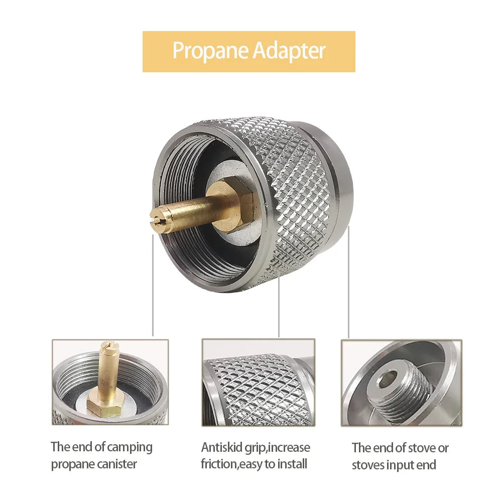 Propane adapter with detailed views on a white background. Offered by the Northeast's best camping and hiking gear provider, The Adirondack Tool Co.
