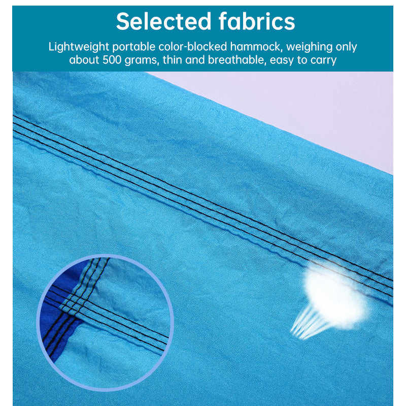 Blue fabric with black lines and a close-up detail, labeled as 'Selected fabrics' for a portable color-blocked hammock.