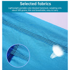 Blue fabric with black lines and a close-up detail, labeled as 'Selected fabrics' for a portable color-blocked hammock.