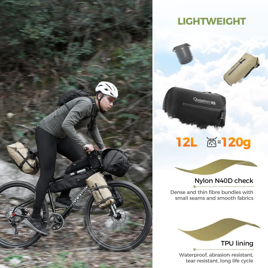 Person cycling with backpacks on a forest path, featuring Quaanature bags with specifications.