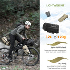 Person cycling with backpacks on a forest path, featuring Quaanature bags with specifications.