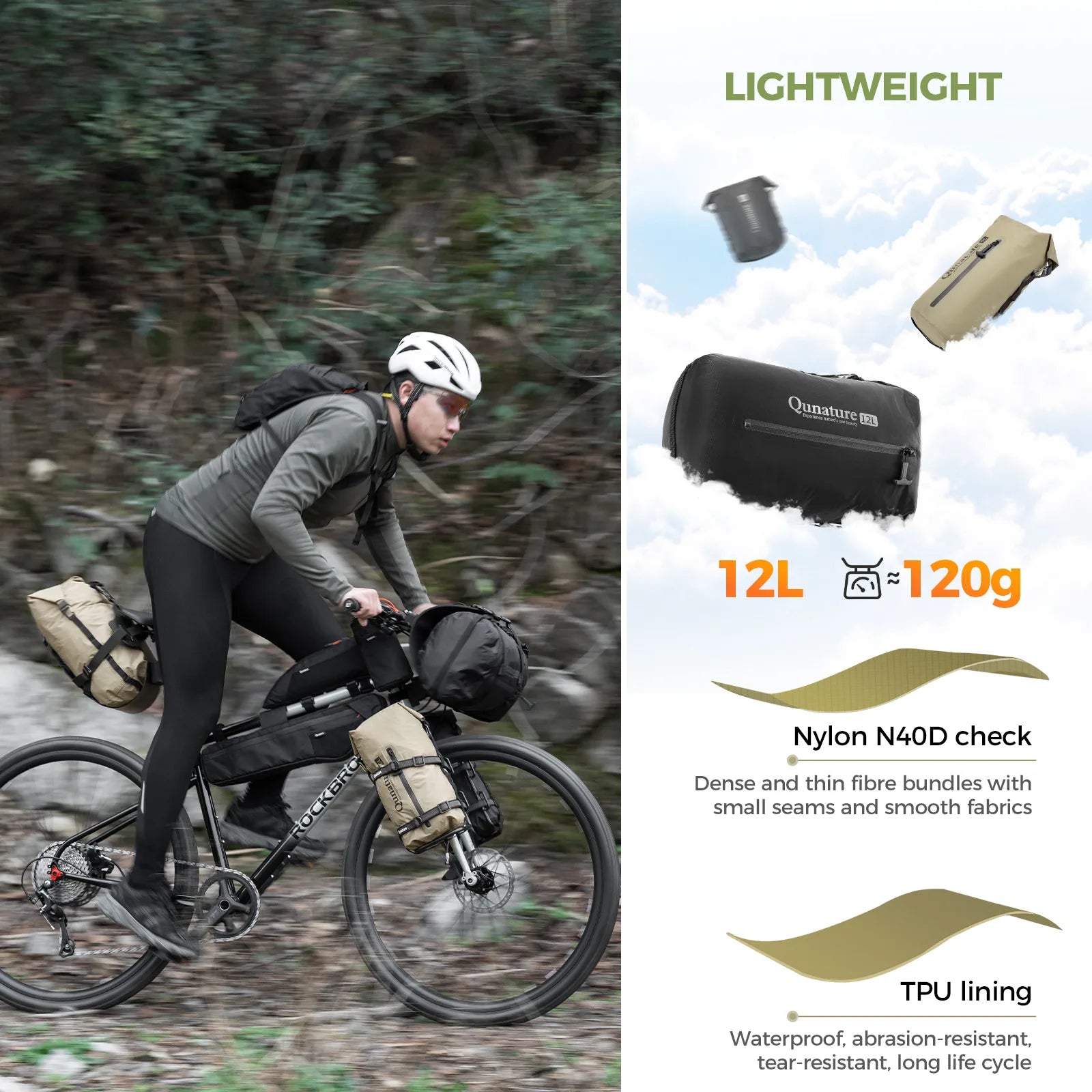Person cycling with backpacks on a forest path, featuring Quaanature bags with specifications.