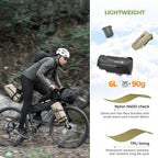 Person riding a bicycle with backpacks on a trail, alongside product features and specifications.