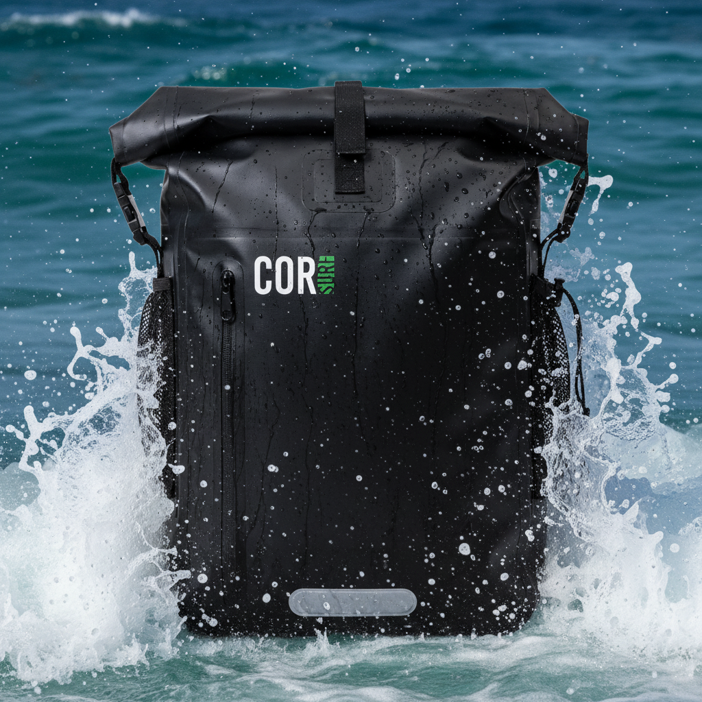 Black backpack with 'COR Surf' branding