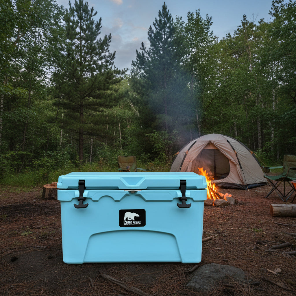 Blue cooler with Polar Bear Coolers logo