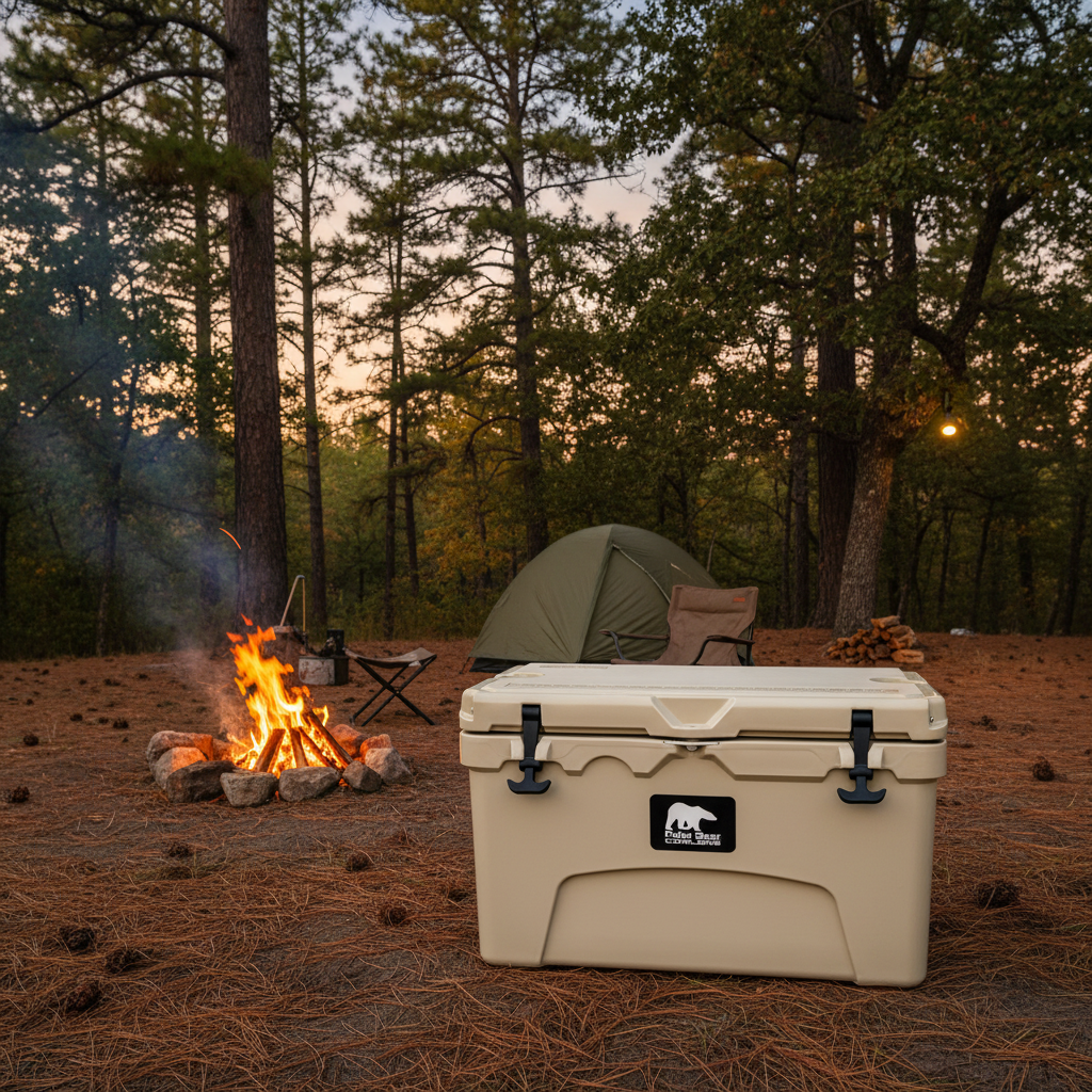 Beige cooler with black straps and a visible brand logo