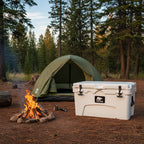 White cooler box with black handles and a visible brand logo