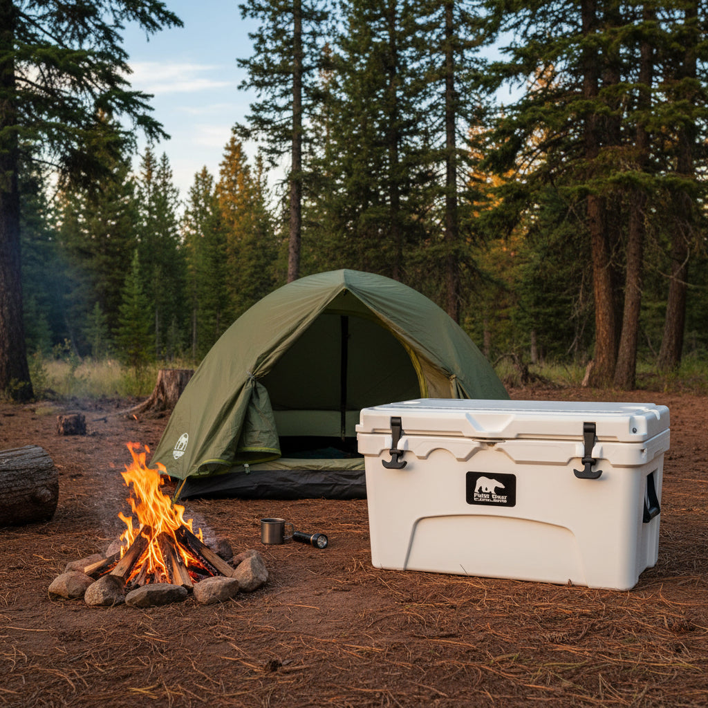 White cooler box with black handles and a visible brand logo