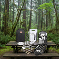 Set of camping utensils and cookware with black carrying case