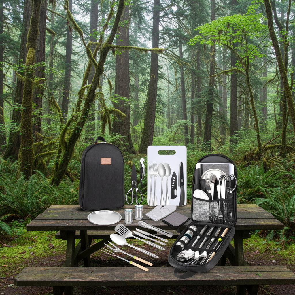 Set of camping utensils and cookware with black carrying case