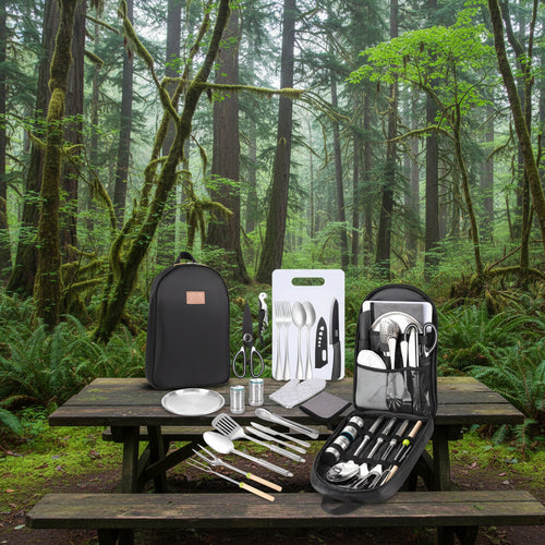 Set of camping utensils and cookware with black carrying case