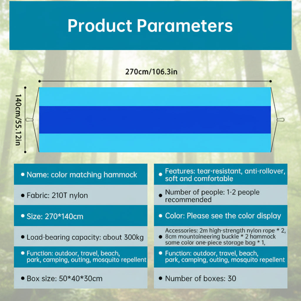 Product parameters of a color matching hammock with dimensions and features listed.