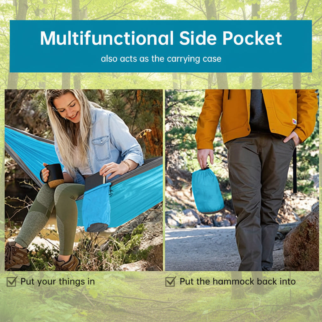 Multifunctional side pocket used with a hammock in outdoor settings.