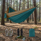 Teal and brown hammock with accessories