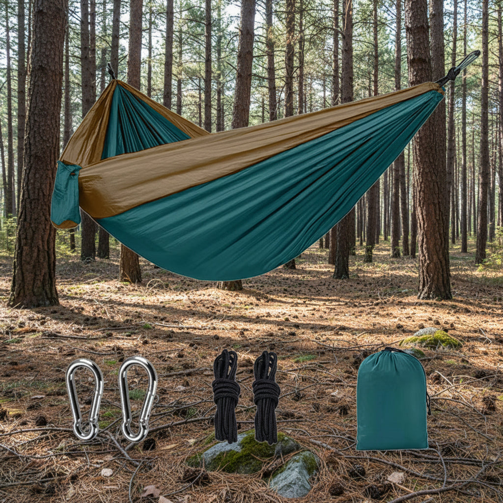 Teal and brown hammock with accessories