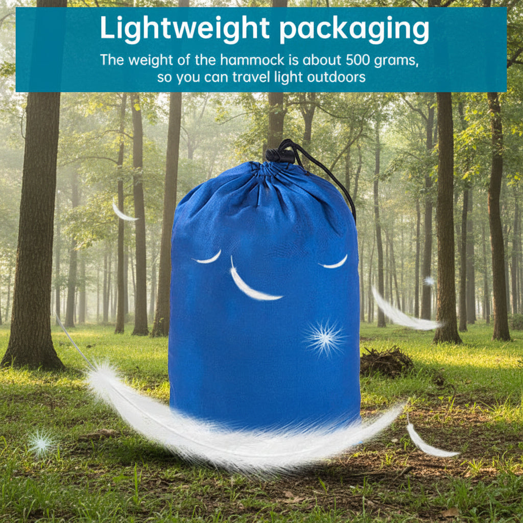 Blue drawstring bag with text about lightweight packaging
