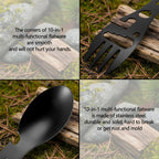 Black multi-functional eating utensil with text highlighting its features on a white background