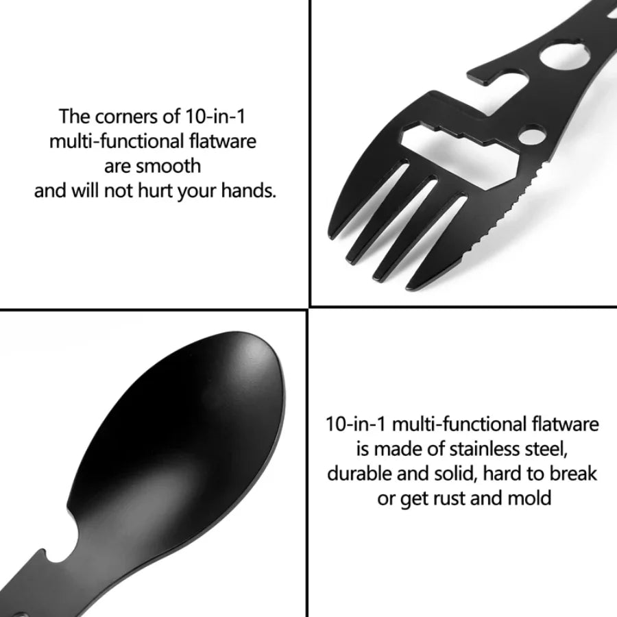 Black multi-functional eating utensil with text highlighting its features on a white background
