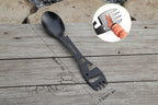 Black multi-tool eating utensil with measurements on a white background