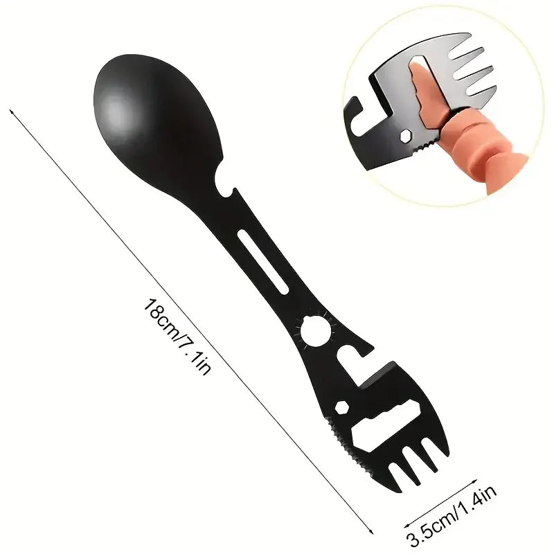 Black multi-tool eating utensil with measurements on a white background
