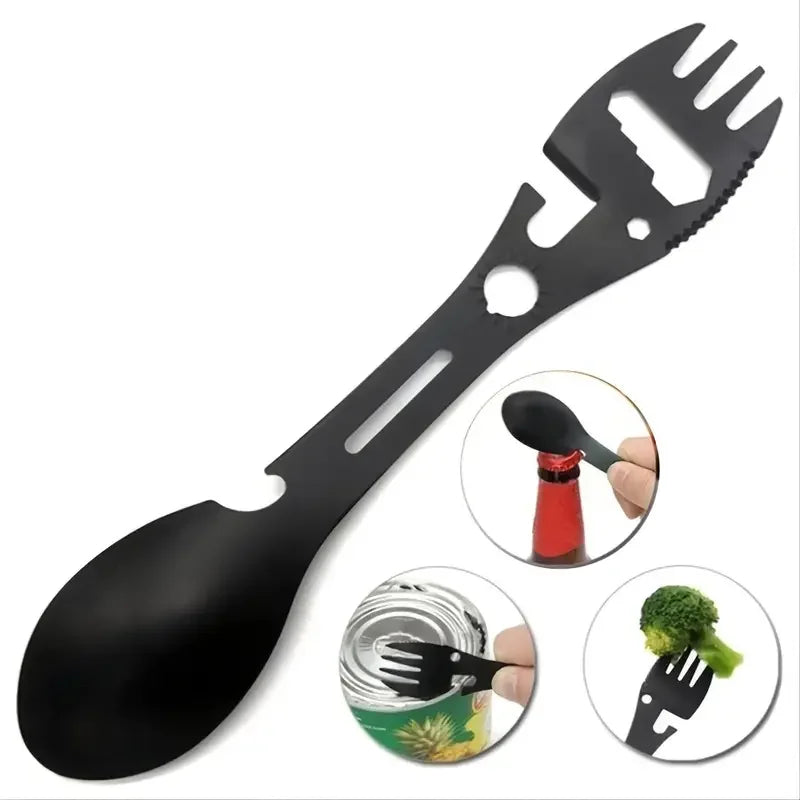 Black eating utensil multi-tool with images showing its uses.
