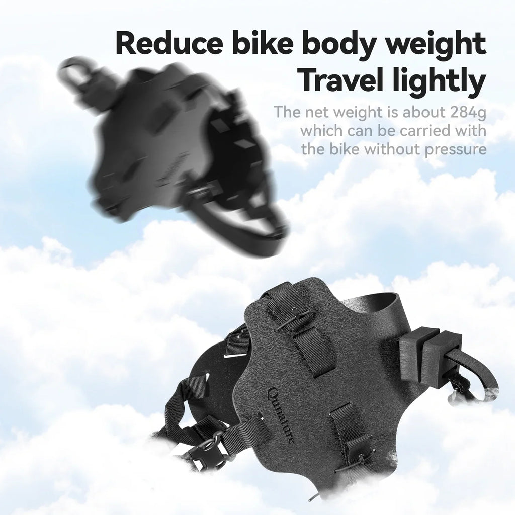 Black bike fender with text about reducing bike body weight and carrying capacity.