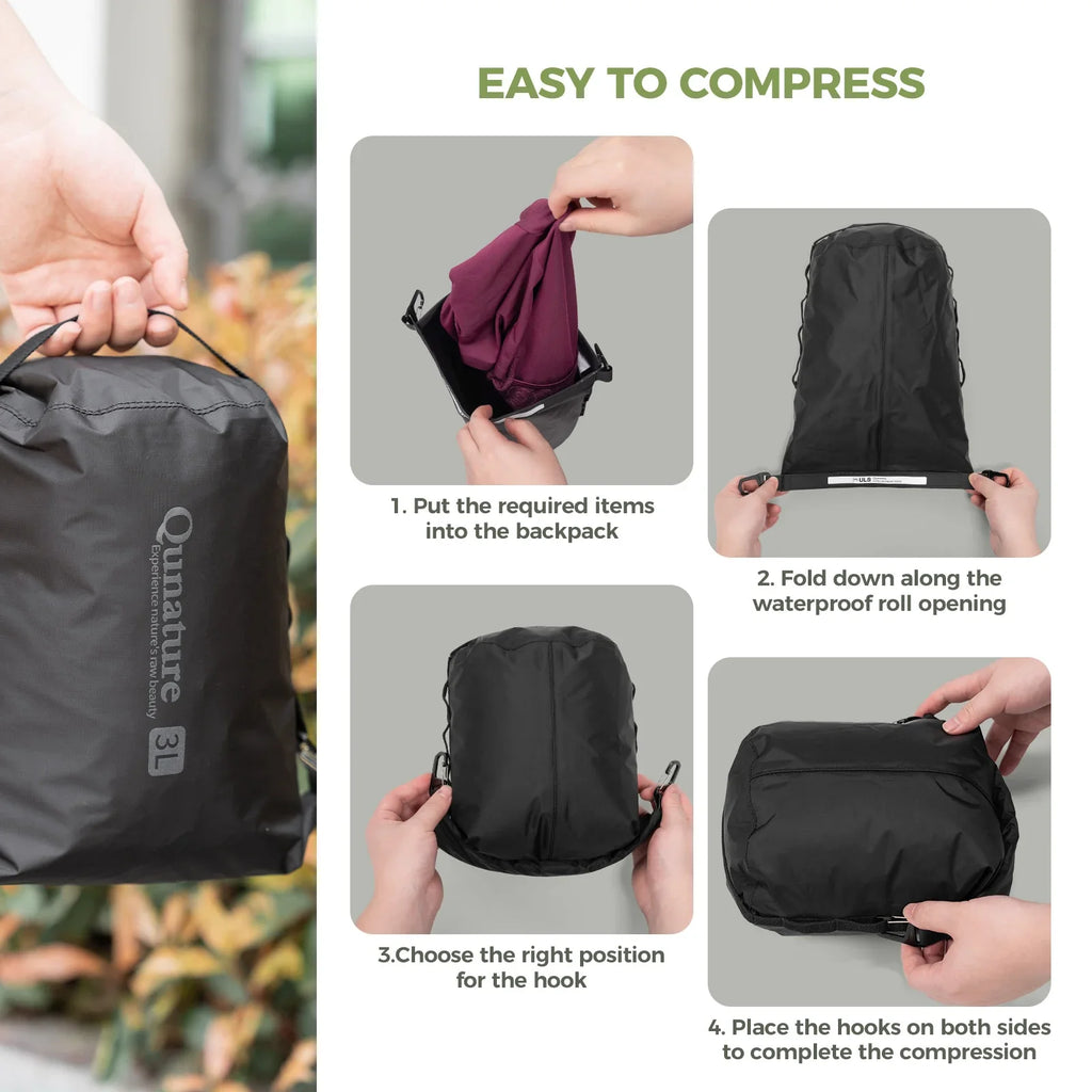 Instructions on how to compress a backpack with text and images.