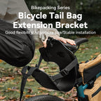Bicycle tail bag extension bracket being attached to a bike with text about features.
