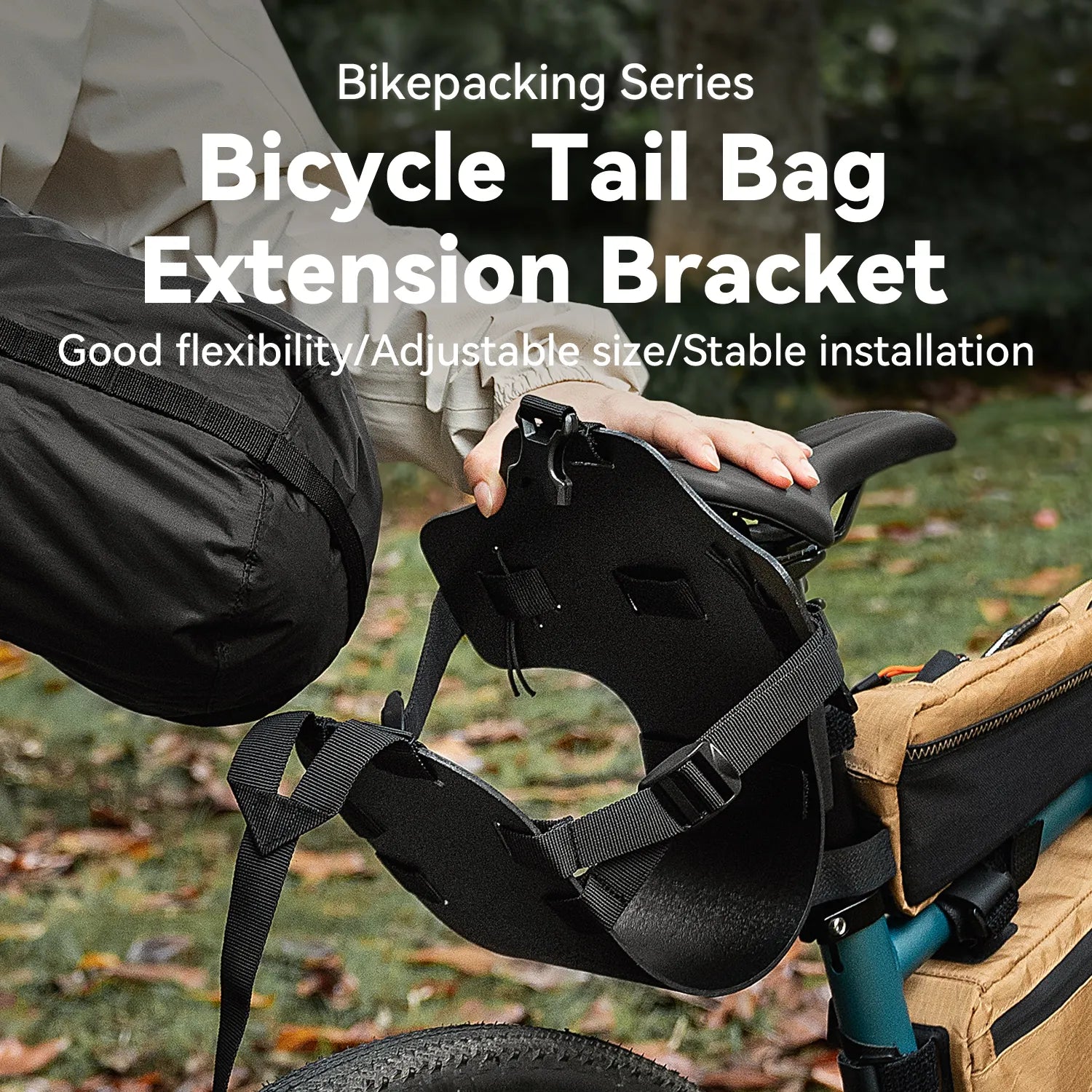 Bicycle tail bag extension bracket being attached to a bike with text about features.