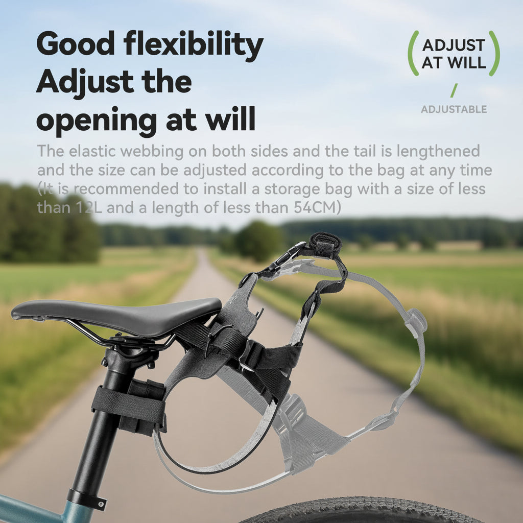 Bicycle seat with adjustable strap and text describing flexibility and adjustability.