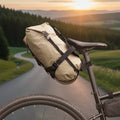 Beige bike saddle bag attached to a bicycle seat