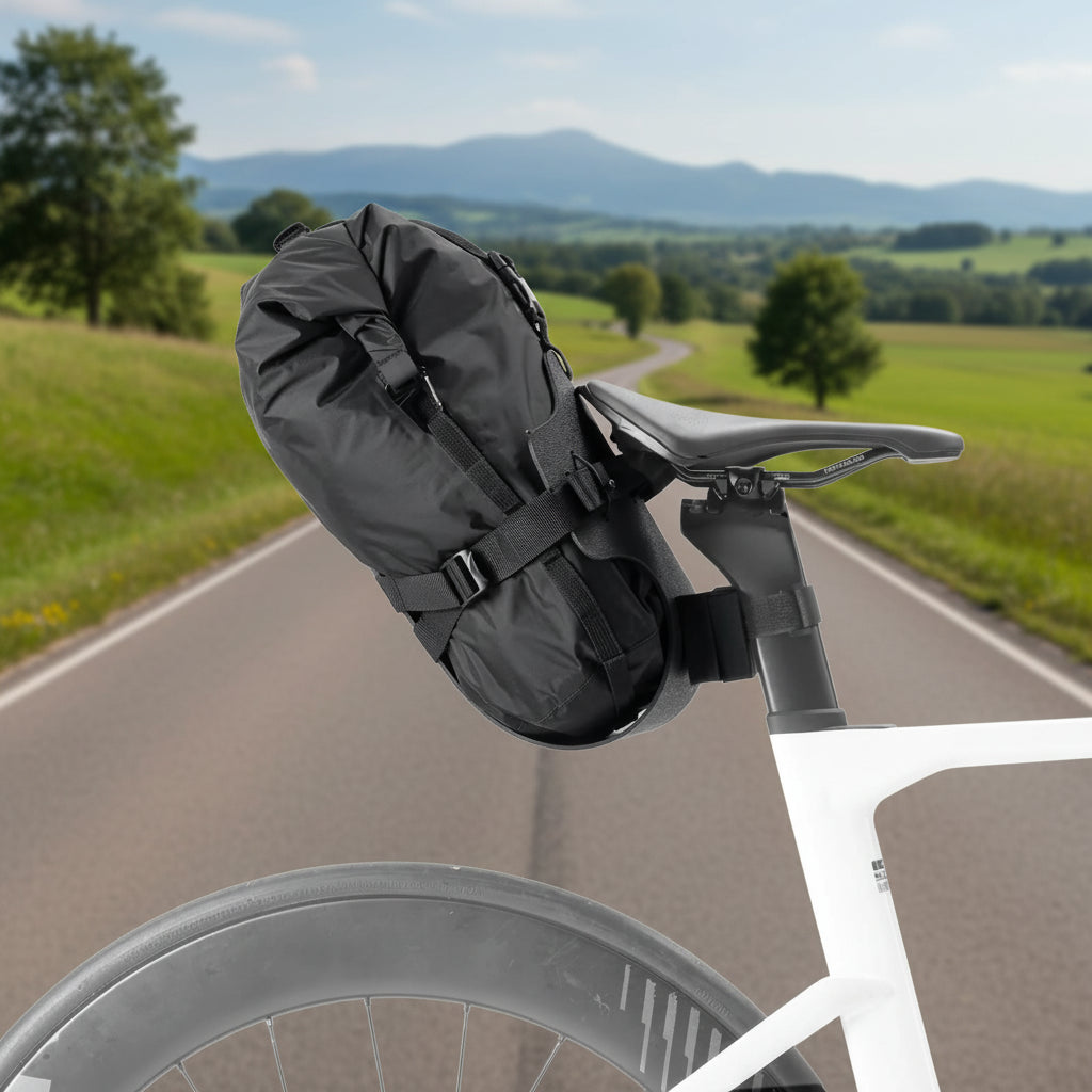 Black bike saddle bag attached to a bicycle seat