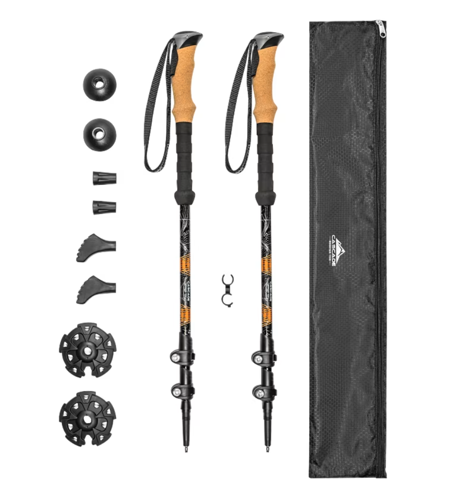 Trekking poles with accessories and carrying case on a white background