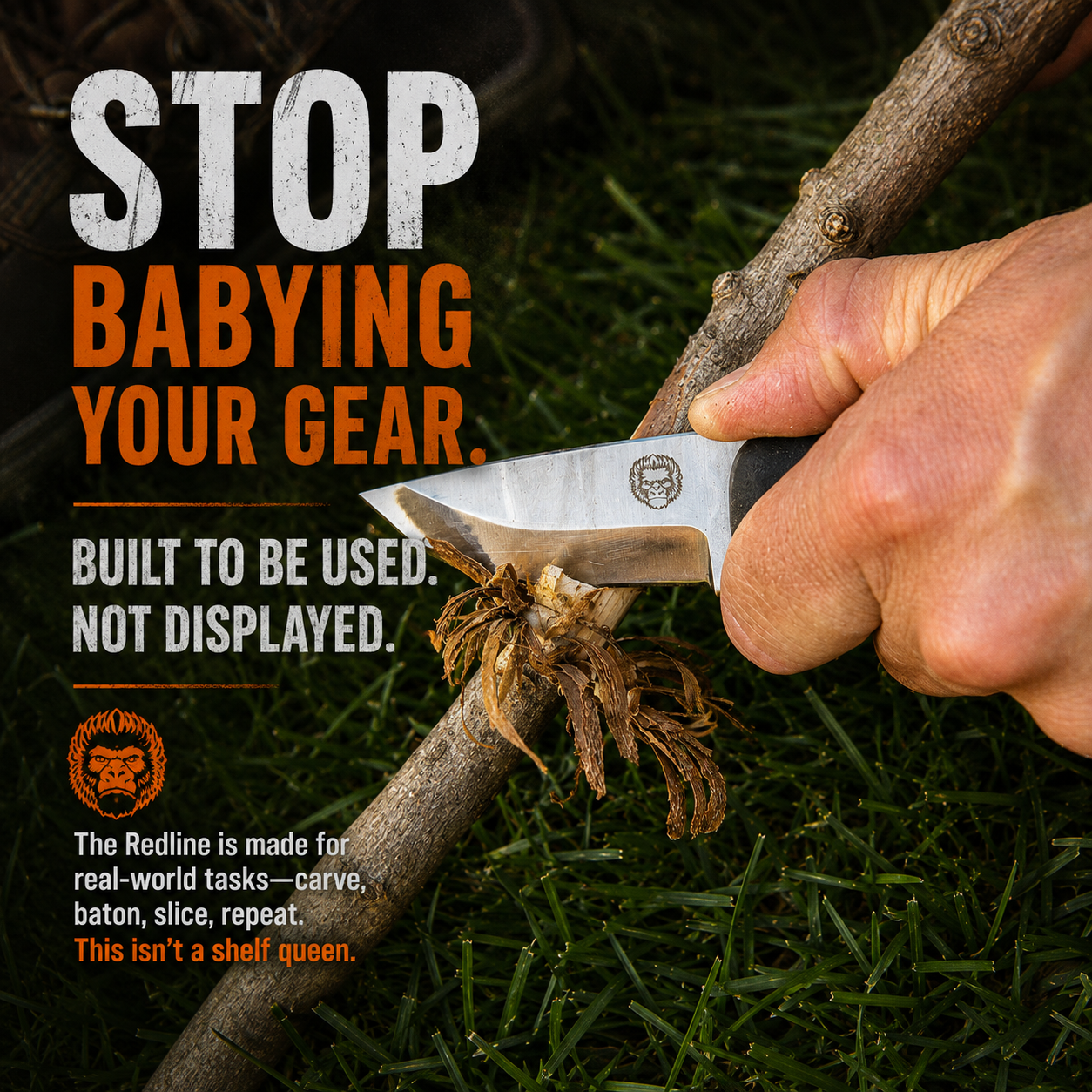 Person using a knife to cut a branch with promotional text about gear use.