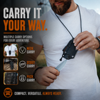 Person holding a knife with multiple carrying options displayed on screen