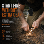 Person using a fire-starting tool with text about integrated ferro rod system.