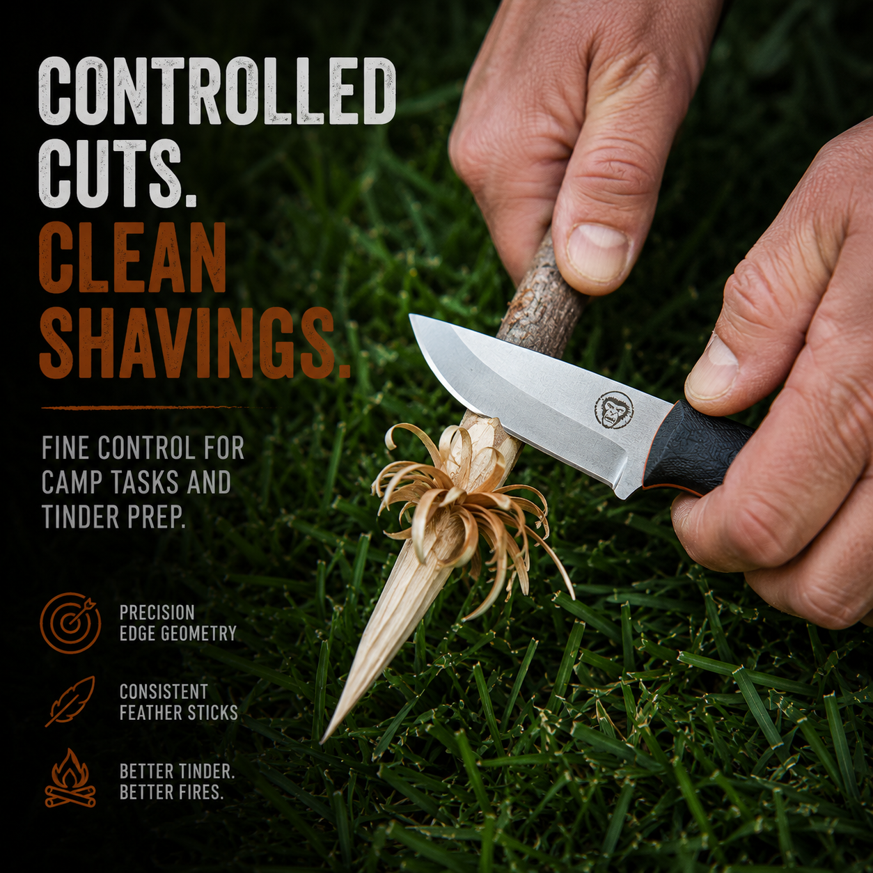 Person using a knife to cut a stick with text about controlled cuts and clean shavings on a grassy background.