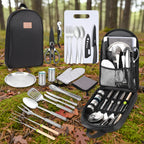 Set of camping utensils and cookware with black carrying case