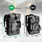 Two camouflage backpacks with measurements and a scenic background