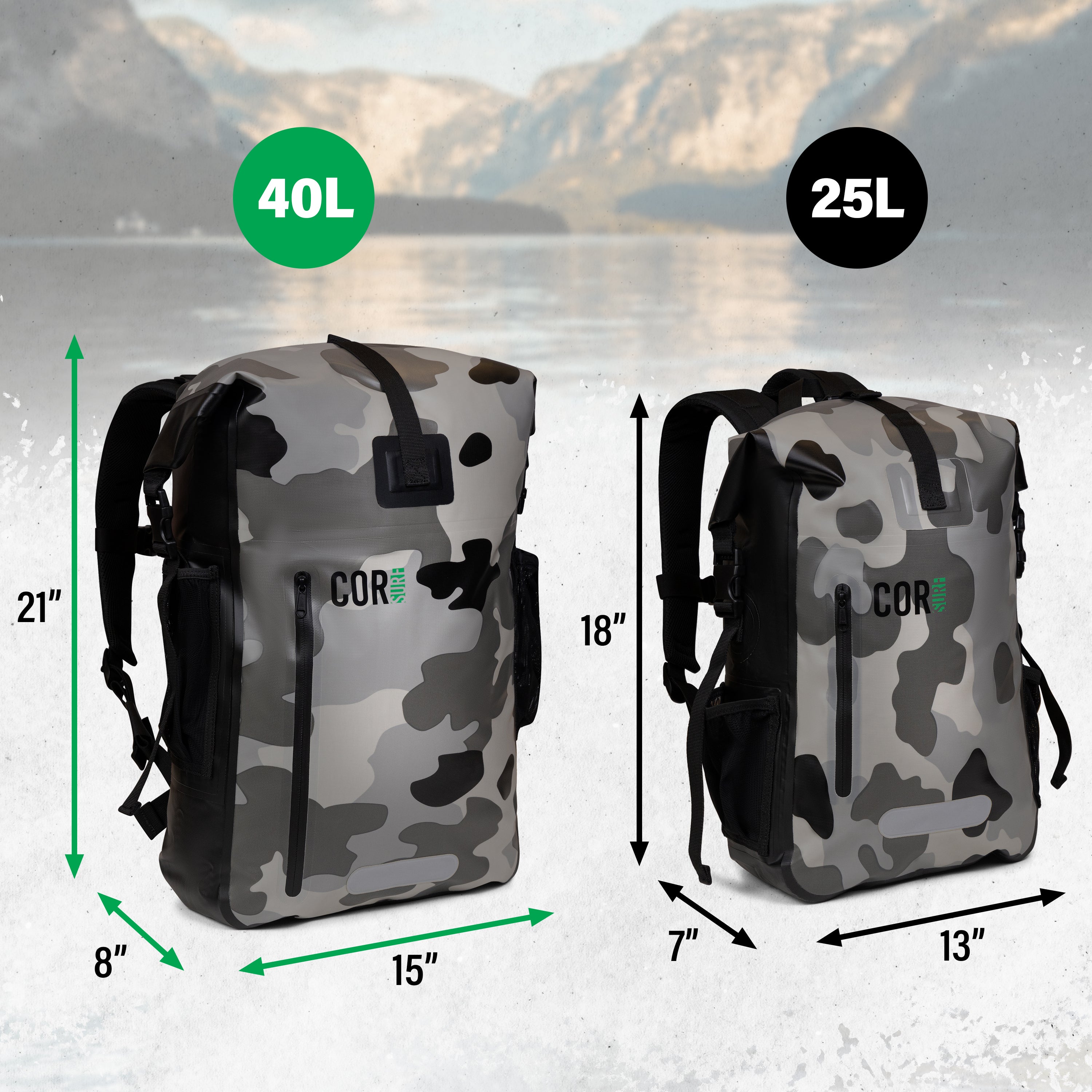 Two camouflage backpacks with measurements and a scenic background